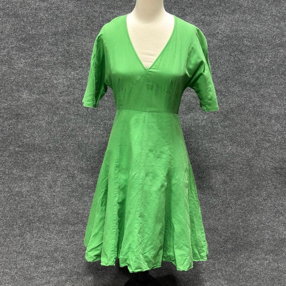 TOME Dress Womens 2 Green Solid V Neck Half Sleeve Fit Flare Linen Midi Casual